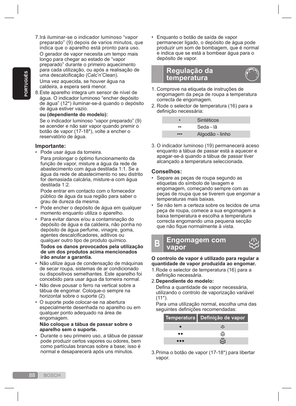 Função “pulsesteam, Regulação da temperatura, Engomagem com vapor | Bosch TDS2240 Centrale vapeur TDS2240 User Manual | Page 88 / 160