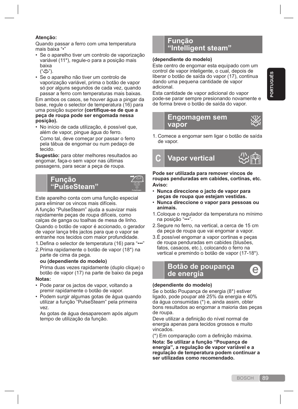 Função “intelligent steam, Engomagem sem vapor, Vapor vertical | Botão de poupança de energia, Função “pulsesteam, Regulação da temperatura, Engomagem com vapor | Bosch TDS2240 Centrale vapeur TDS2240 User Manual | Page 89 / 160