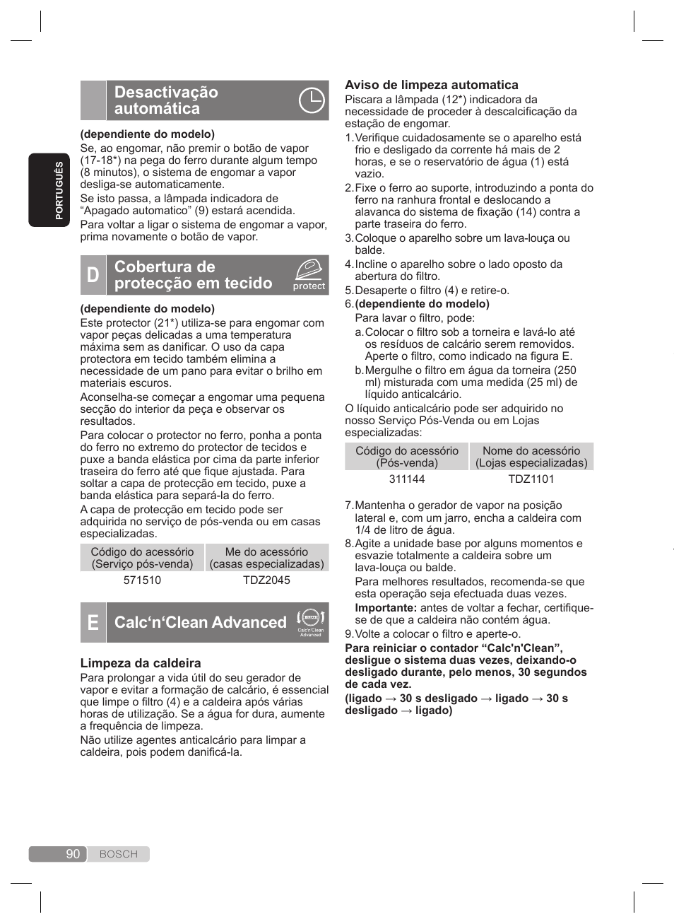 Limpeza da câmara de vapor do ferro, Limpeza e manutenção, Desactivação automática | Cobertura de protecção em tecido, Calc‘n‘clean advanced | Bosch TDS2240 Centrale vapeur TDS2240 User Manual | Page 90 / 160