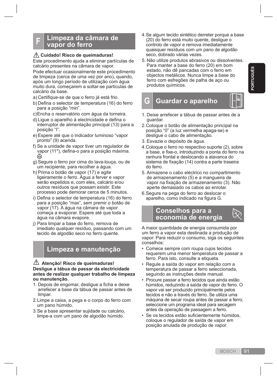 Guardar o aparelho, Conselhos para a economia de energia, Limpeza da câmara de vapor do ferro | Limpeza e manutenção | Bosch TDS2240 Centrale vapeur TDS2240 User Manual | Page 91 / 160