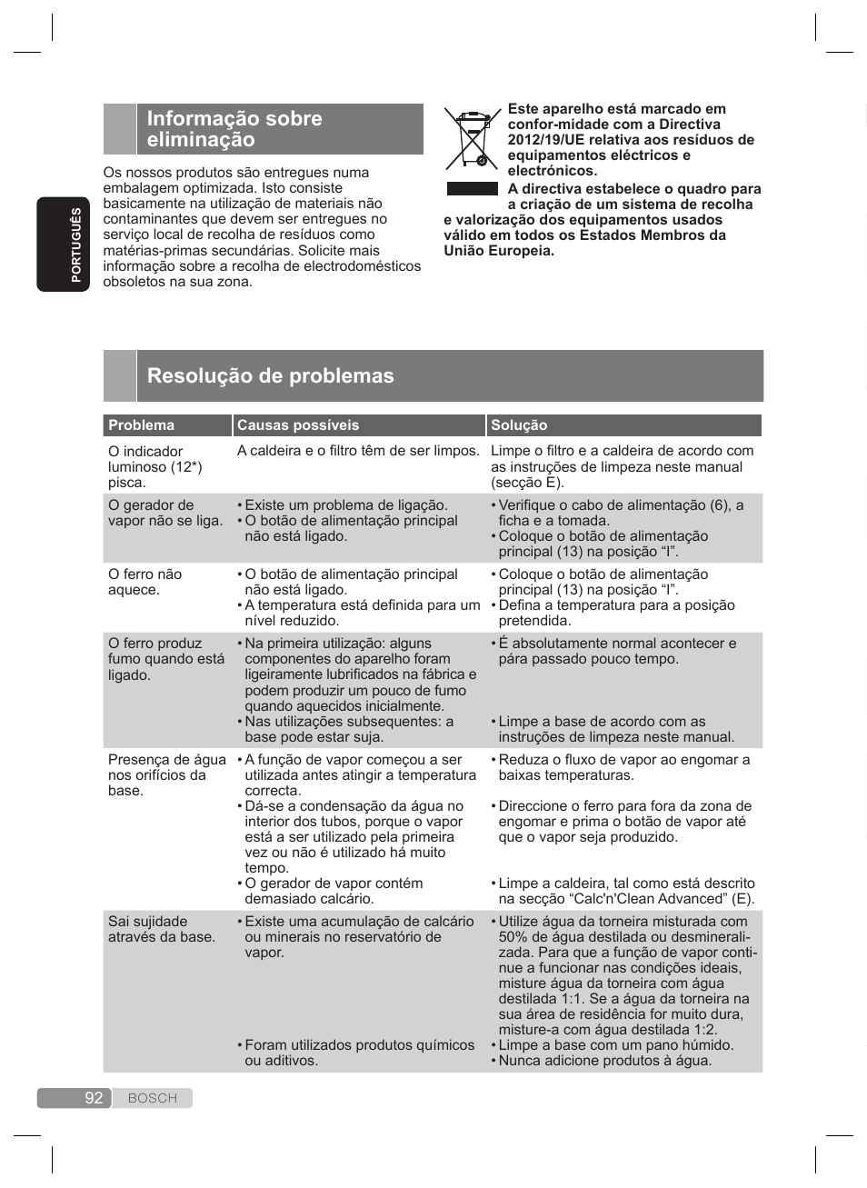 Resolução de problemas, Informação sobre eliminação | Bosch TDS2240 Centrale vapeur TDS2240 User Manual | Page 92 / 160