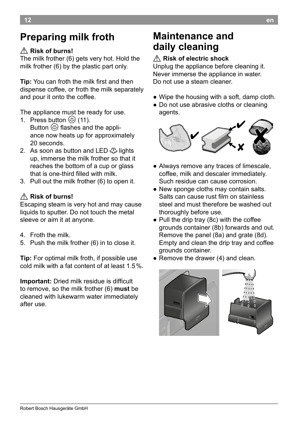 Preparing milk froth, Maintenance and daily cleaning | Bosch TES50129RW VeroCafe Machine à café Expresso automatique Noir User Manual | Page 16 / 122
