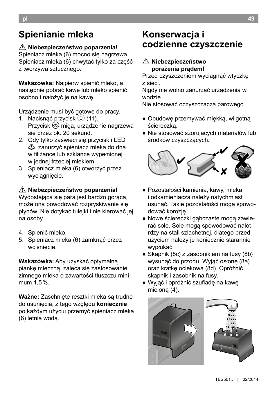 Spienianie mleka, Konserwacja i codzienne czyszczenie | Bosch TES50129RW VeroCafe Machine à café Expresso automatique Noir User Manual | Page 53 / 122