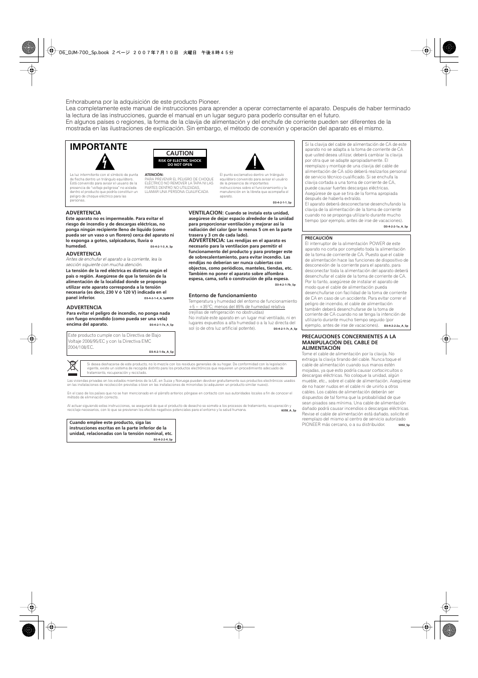 Importante, Caution | Pioneer DJM-700-S User Manual | Page 132 / 184