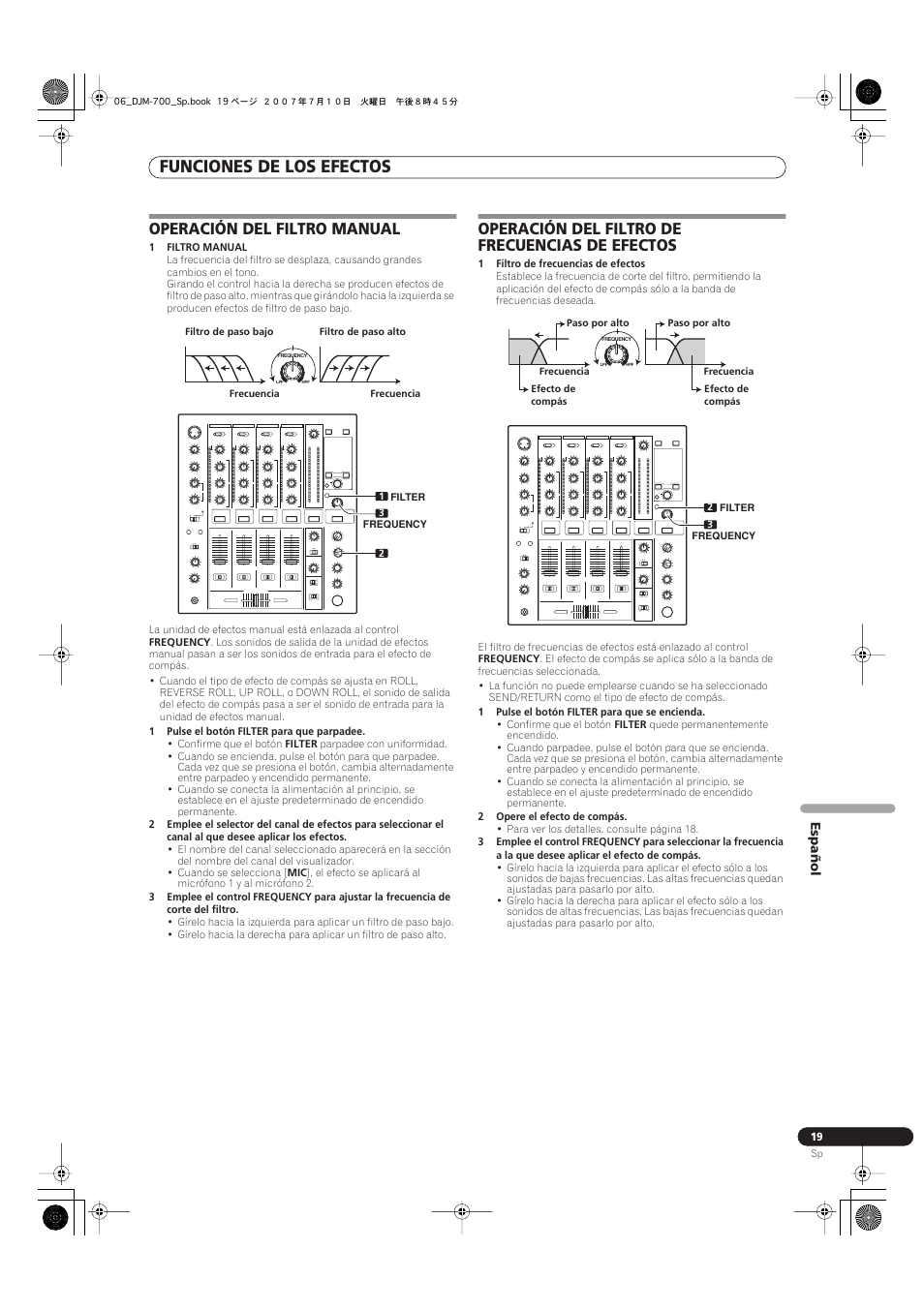 Funciones de los efectos, Operación del filtro manual, Operación del filtro de frecuencias de efectos | Pioneer DJM-700-S User Manual | Page 149 / 184