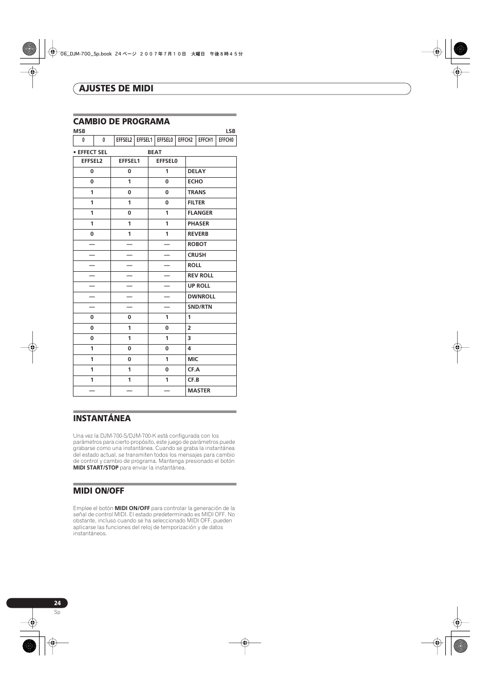 Cambio de programa instantánea midi on/off, Ajustes de midi, Cambio de programa | Instantánea, Midi on/off | Pioneer DJM-700-S User Manual | Page 154 / 184