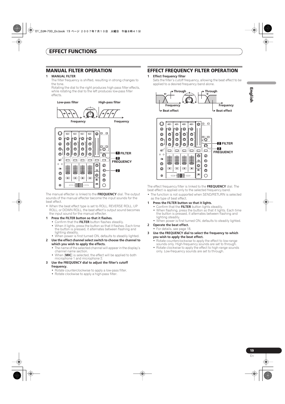 Effect functions, Manual filter operation, Effect frequency filter operation | Pioneer DJM-700-S User Manual | Page 19 / 184