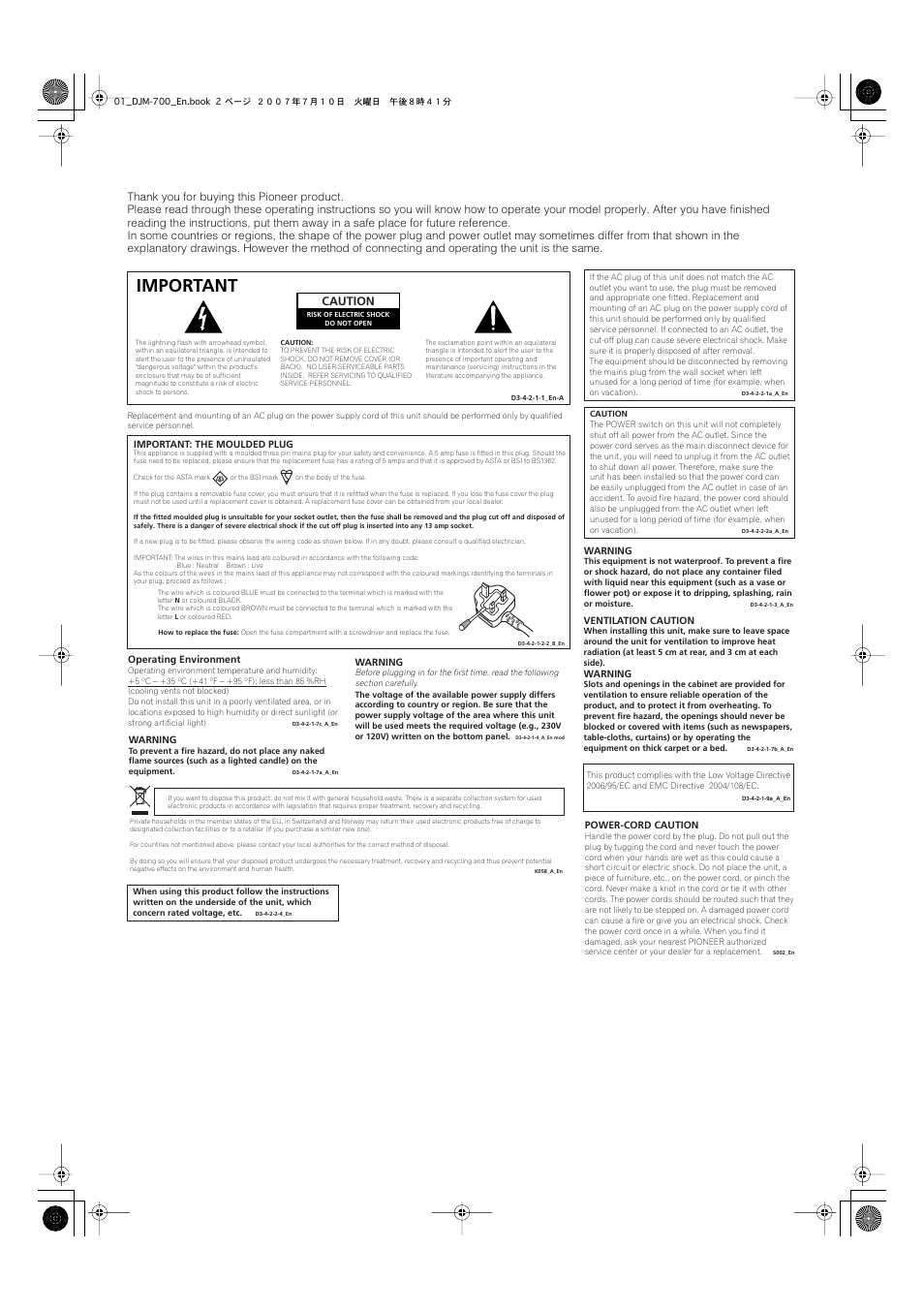 Important, Caution | Pioneer DJM-700-S User Manual | Page 2 / 184