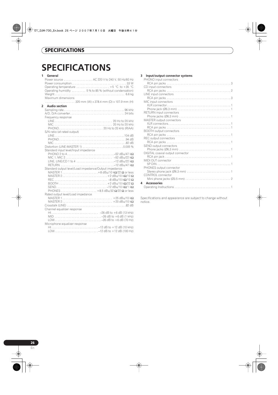Specifications | Pioneer DJM-700-S User Manual | Page 26 / 184