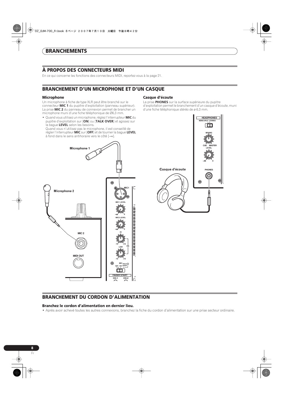 Branchements, À propos des connecteurs midi, Branchement d’un microphone et d’un casque | Branchement du cordon d’alimentation, Microphone, Casque d’écoute, Branchez le cordon d’alimentation en dernier lieu | Pioneer DJM-700-S User Manual | Page 34 / 184