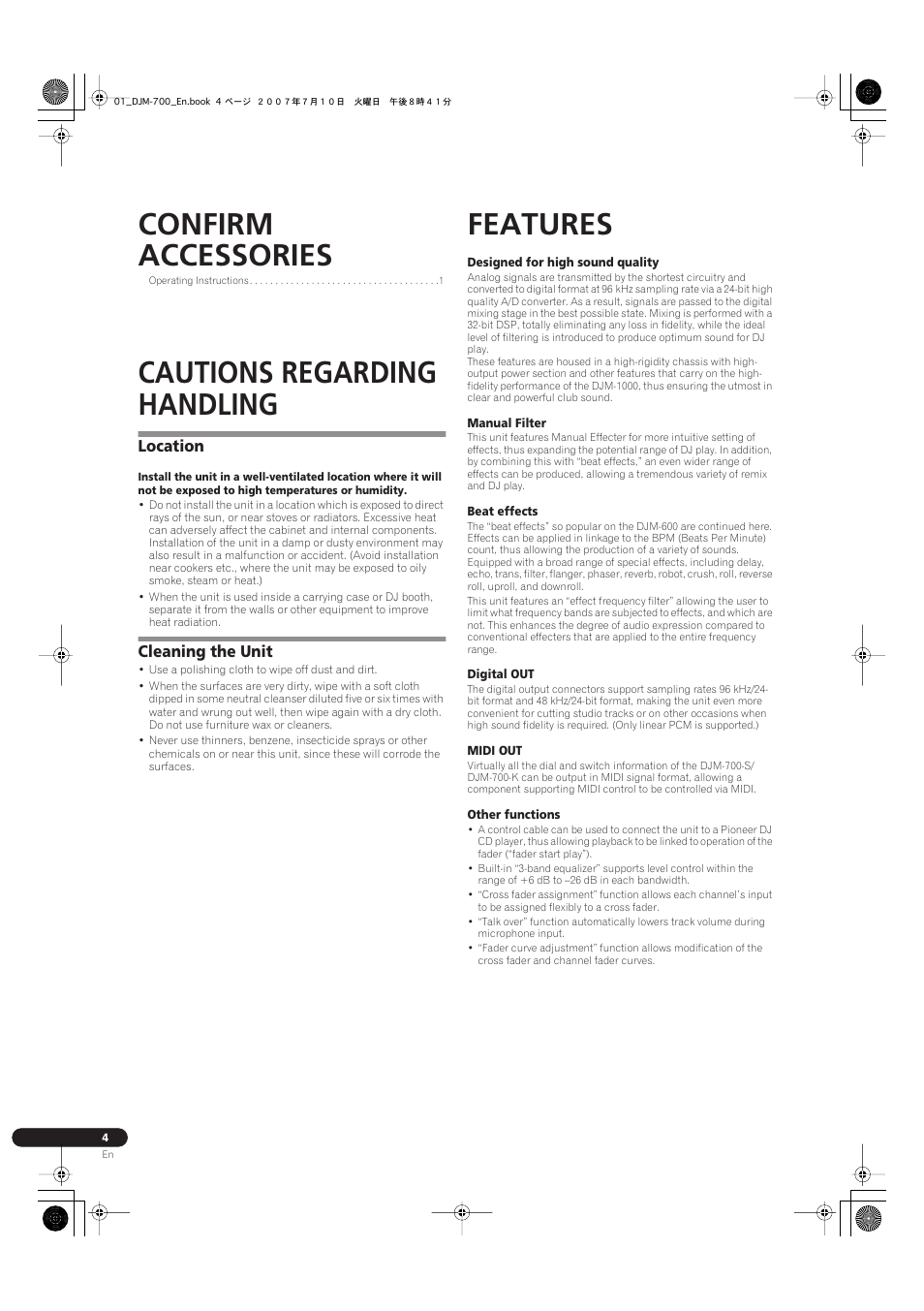 Confirm accessories, Cautions regarding handling, Location cleaning the unit | Features, Location, Cleaning the unit | Pioneer DJM-700-S User Manual | Page 4 / 184