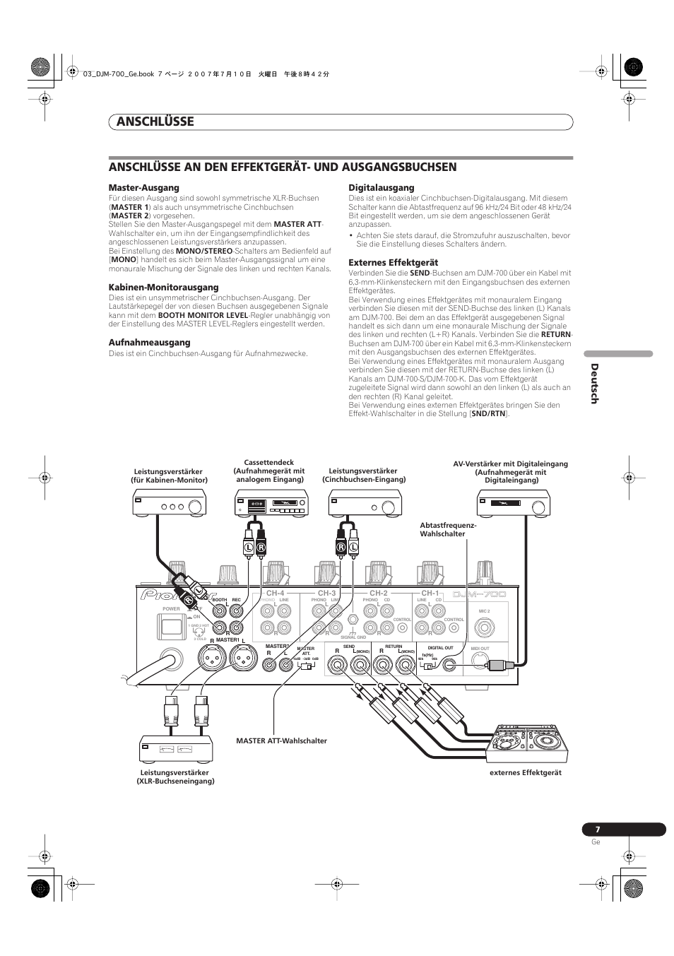 Anschlüsse an den effektgerät- und ausgangsbuchsen, Anschlüsse, Deutsch | Master-ausgang, Kabinen-monitorausgang, Aufnahmeausgang, Digitalausgang, Externes effektgerät | Pioneer DJM-700-S User Manual | Page 59 / 184