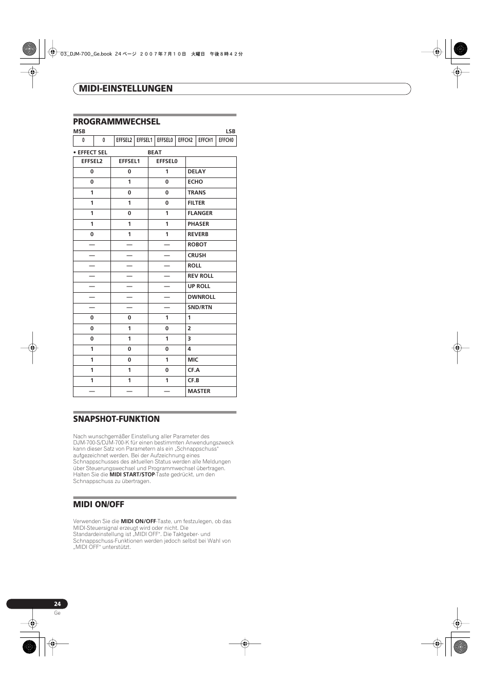 Programmwechsel snapshot-funktion midi on/off, Midi-einstellungen, Programmwechsel | Snapshot-funktion, Midi on/off | Pioneer DJM-700-S User Manual | Page 76 / 184