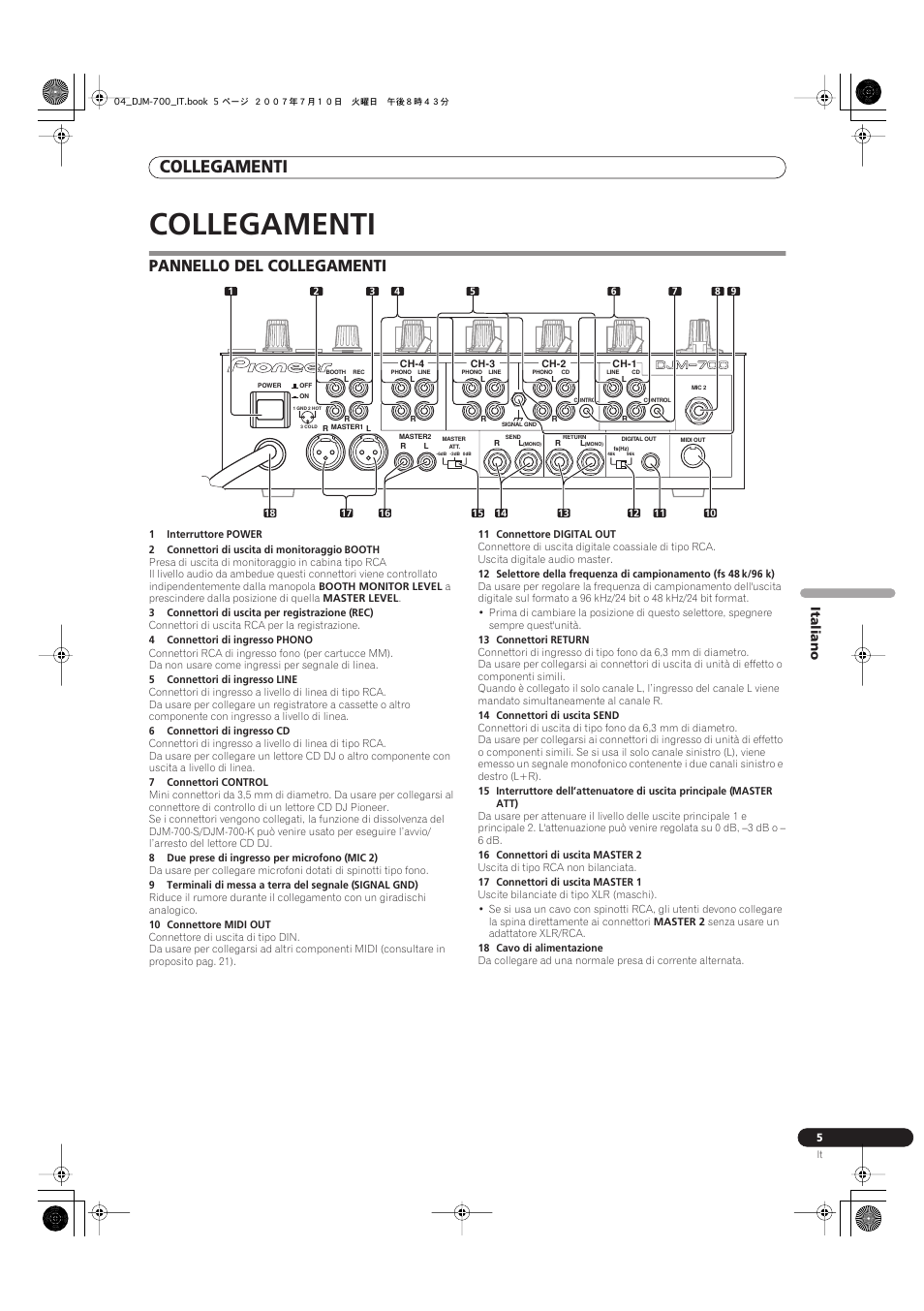 Collegamenti, Pannello del collegamenti | Pioneer DJM-700-S User Manual | Page 83 / 184