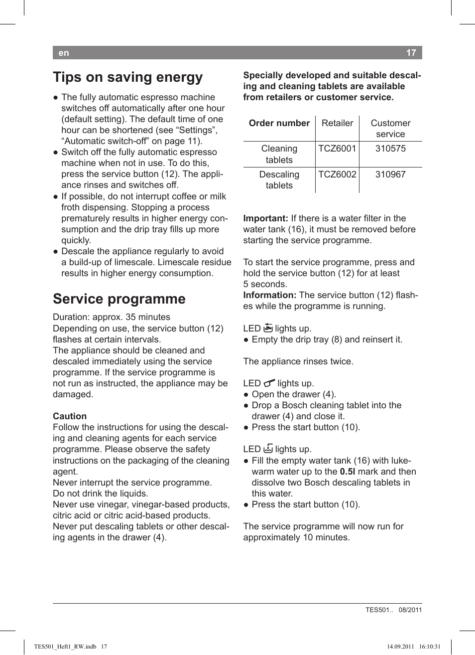 Tips on saving energy, Service programme | Bosch TES50129RW VeroCafe Machine à café Expresso automatique Noir User Manual | Page 17 / 117