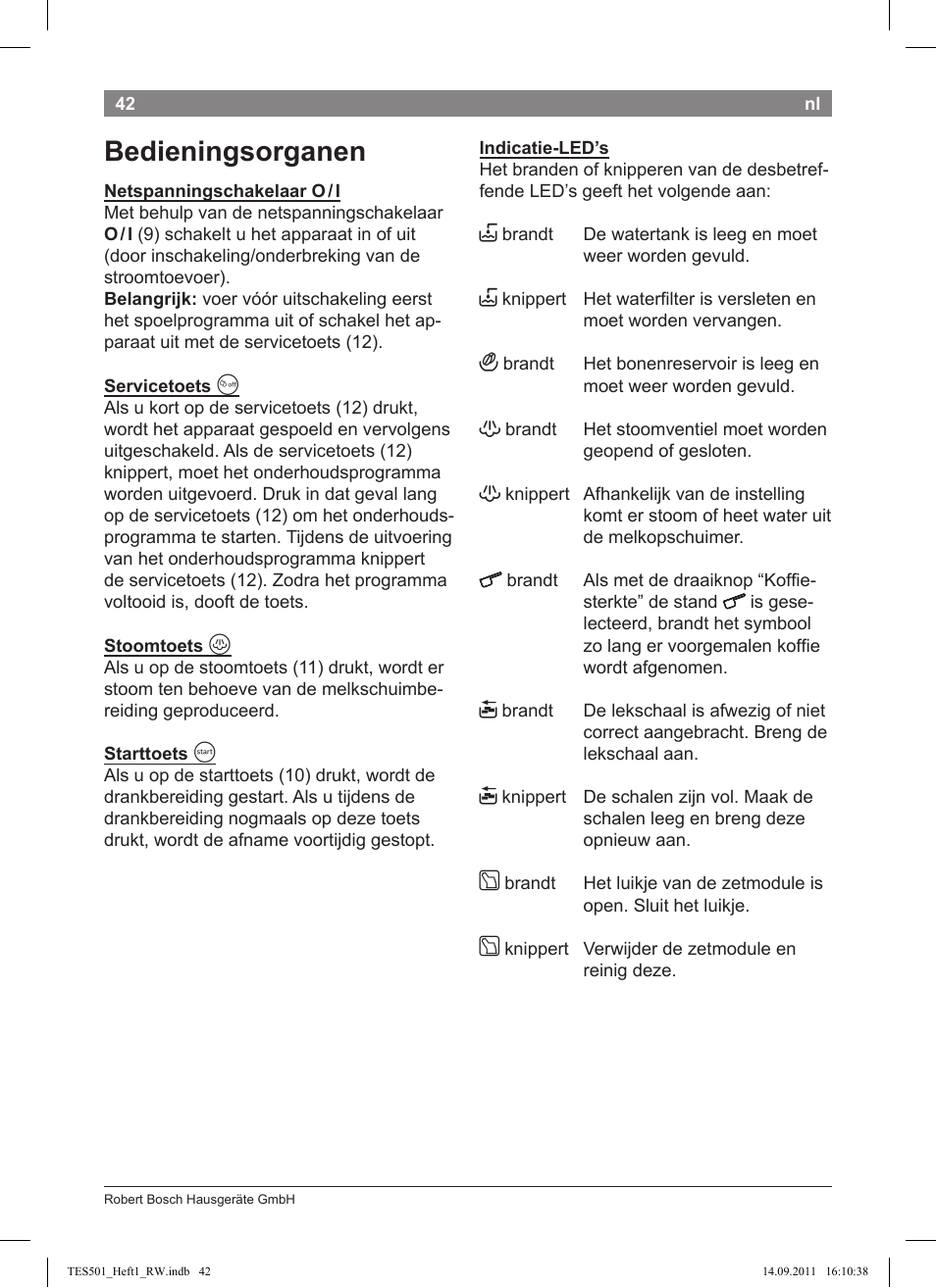 Bedieningsorganen | Bosch TES50129RW VeroCafe Machine à café Expresso automatique Noir User Manual | Page 42 / 117