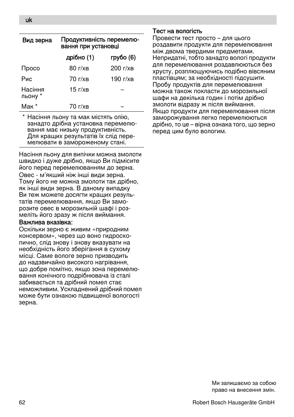 Bosch MUZXLVE1 VitalEmotion pour les maîtres du pain le kit VitalEmotion est composé dun moulin à céréales dun mini-hachoir Multi-mixer et de 3 disques User Manual | Page 62 / 74
