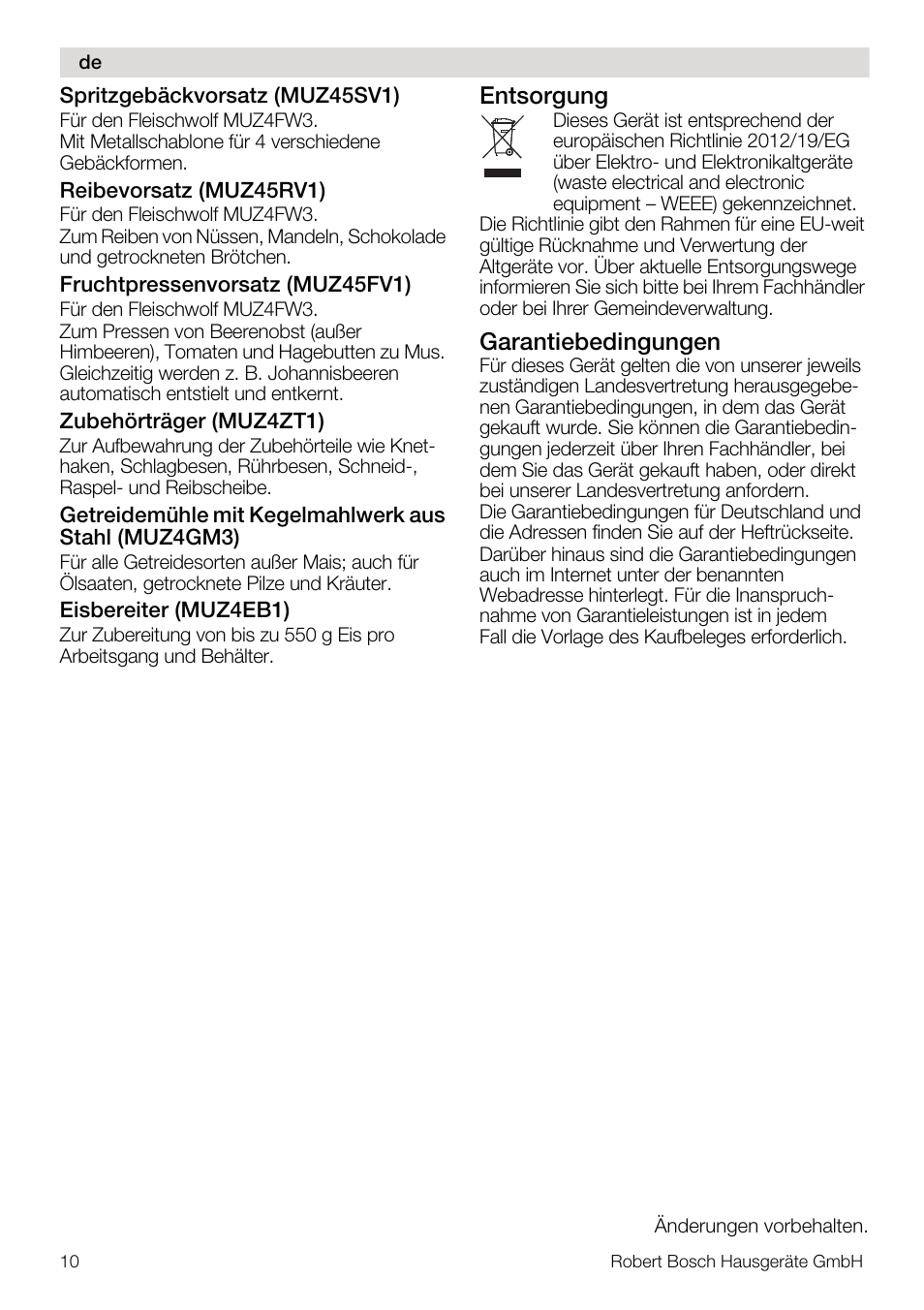 Bosch MUM4640 ROBOT BLANC ROSE 550W BLENDER BOL PLASTI User Manual | Page 10 / 174