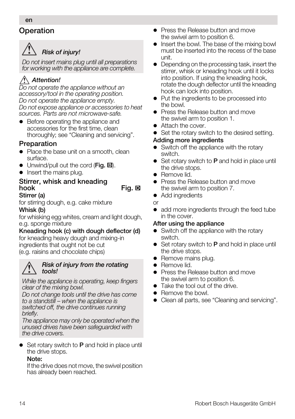 Operation | Bosch MUM4640 ROBOT BLANC ROSE 550W BLENDER BOL PLASTI User Manual | Page 14 / 174