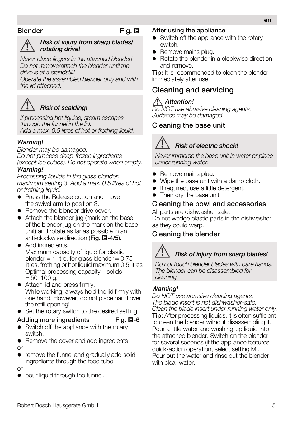 Cleaning and servicing | Bosch MUM4640 ROBOT BLANC ROSE 550W BLENDER BOL PLASTI User Manual | Page 15 / 174