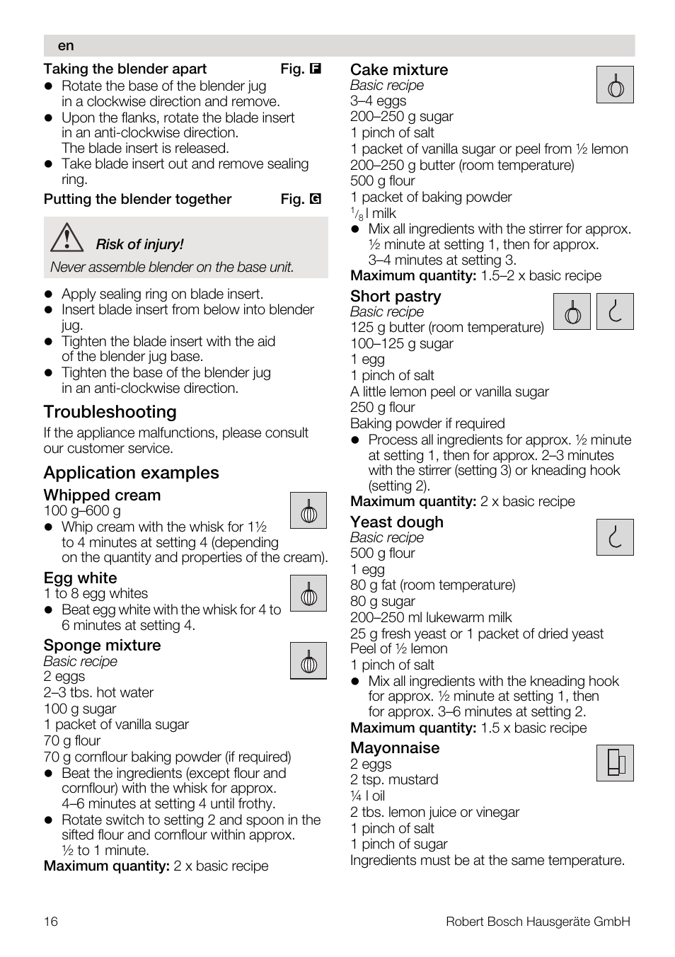Troubleshooting, Application examples | Bosch MUM4640 ROBOT BLANC ROSE 550W BLENDER BOL PLASTI User Manual | Page 16 / 174