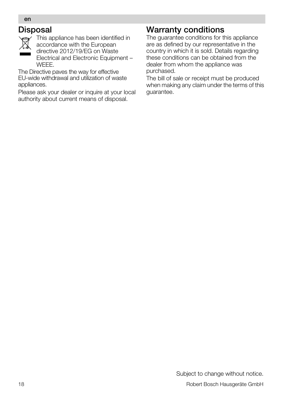 Disposal, Warranty conditions | Bosch MUM4640 ROBOT BLANC ROSE 550W BLENDER BOL PLASTI User Manual | Page 18 / 174