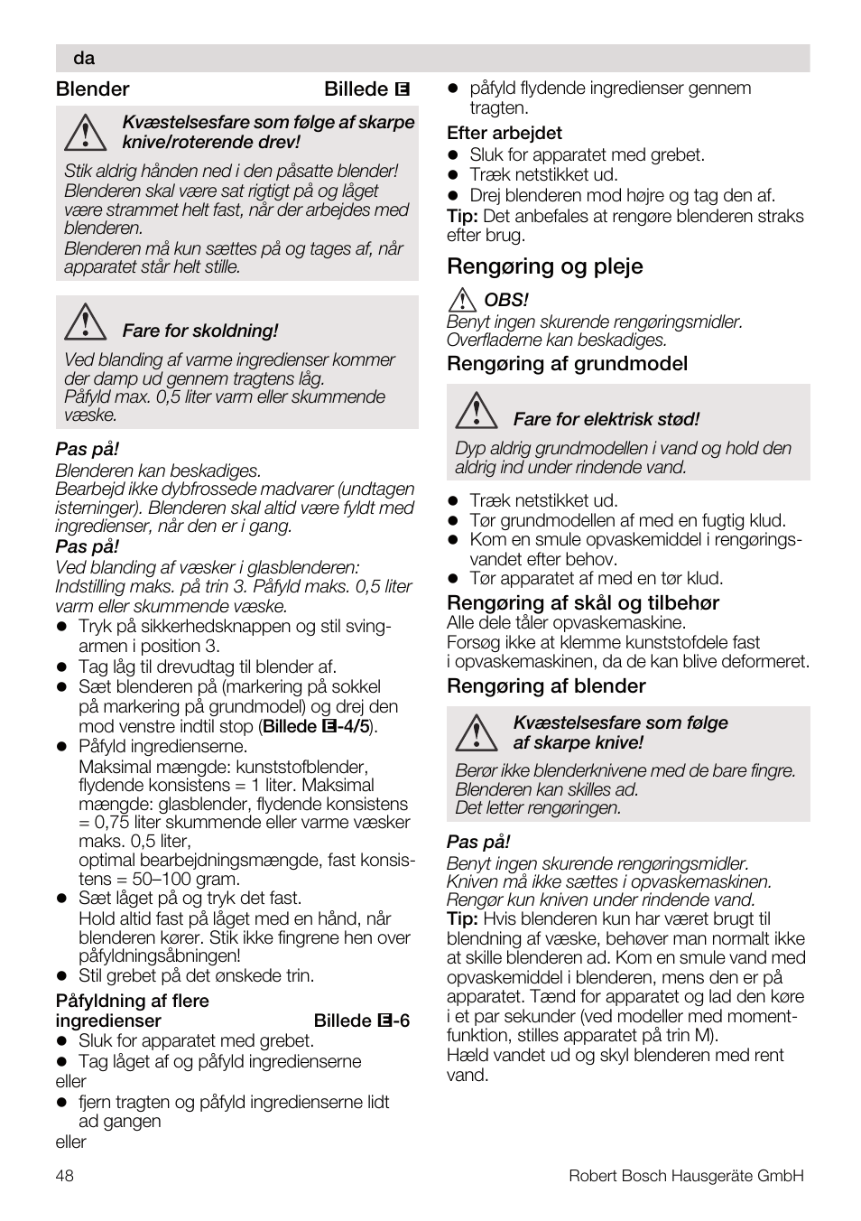 Rengøring og pleje | Bosch MUM4640 ROBOT BLANC ROSE 550W BLENDER BOL PLASTI User Manual | Page 48 / 174