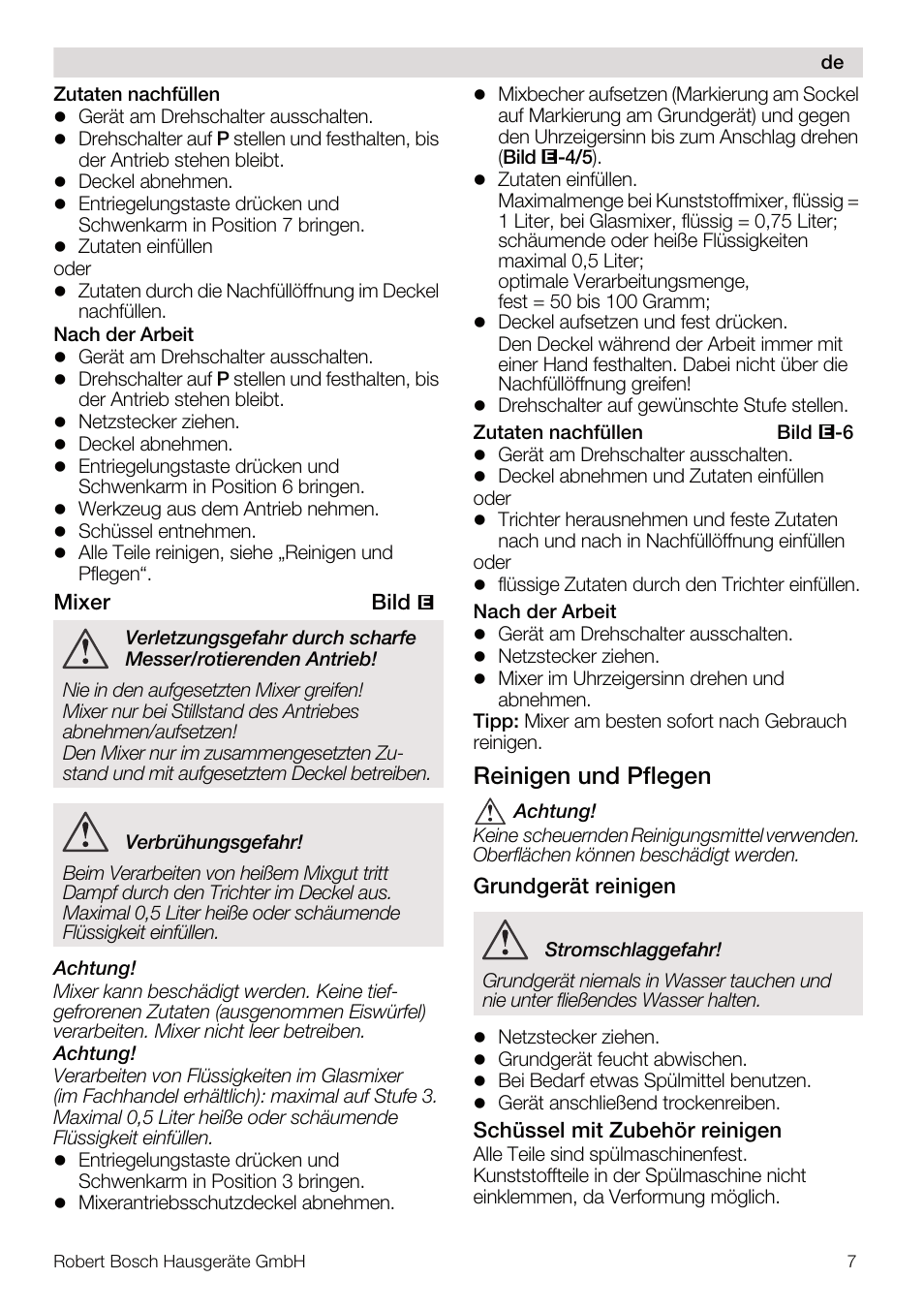 Reinigen und pflegen | Bosch MUM4640 ROBOT BLANC ROSE 550W BLENDER BOL PLASTI User Manual | Page 7 / 174
