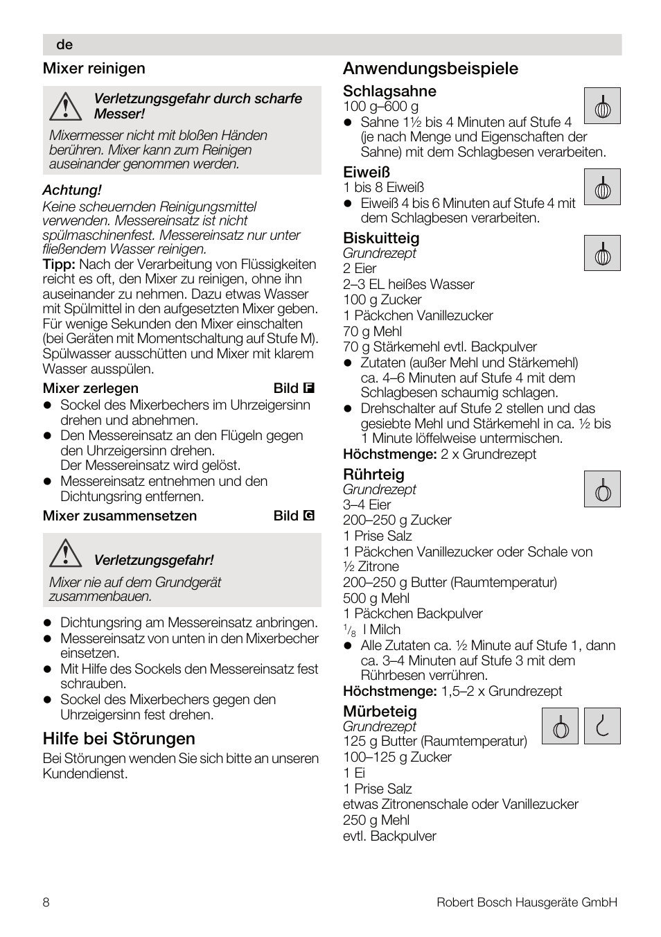 Hilfe bei störungen, Anwendungsbeispiele | Bosch MUM4640 ROBOT BLANC ROSE 550W BLENDER BOL PLASTI User Manual | Page 8 / 174