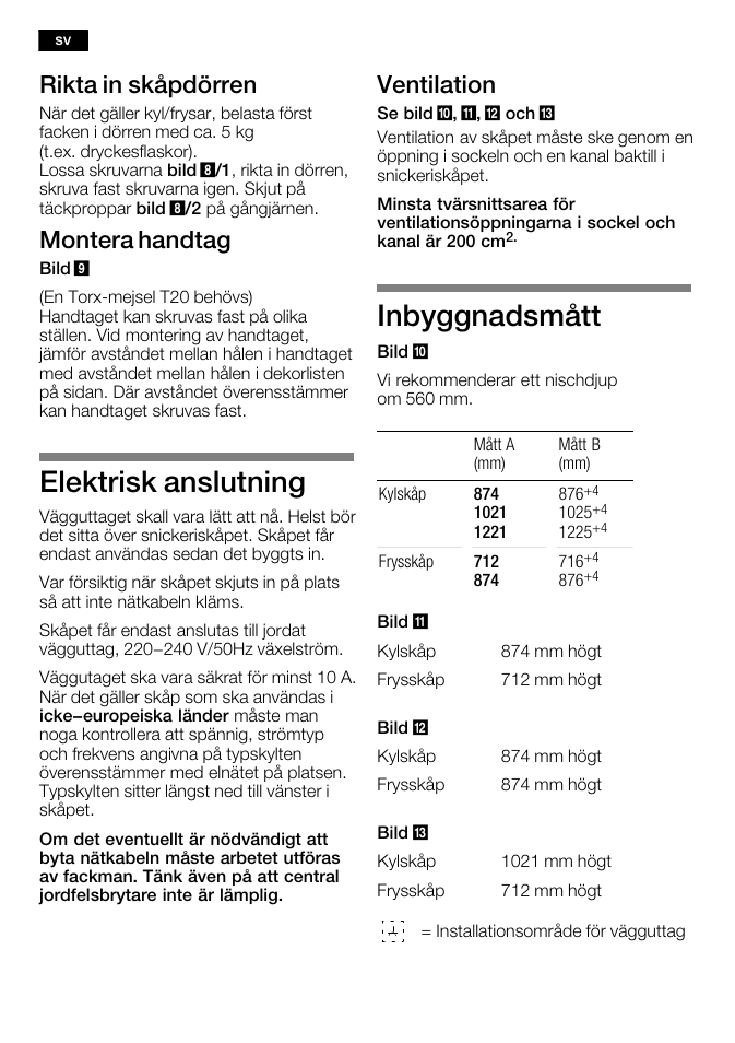 Elektrisk anslutning, Inbyggnadsmått, Rikta in skåpdörren | Montera handtag, Ventilation | Bosch KFL24A51FF User Manual | Page 40 / 68
