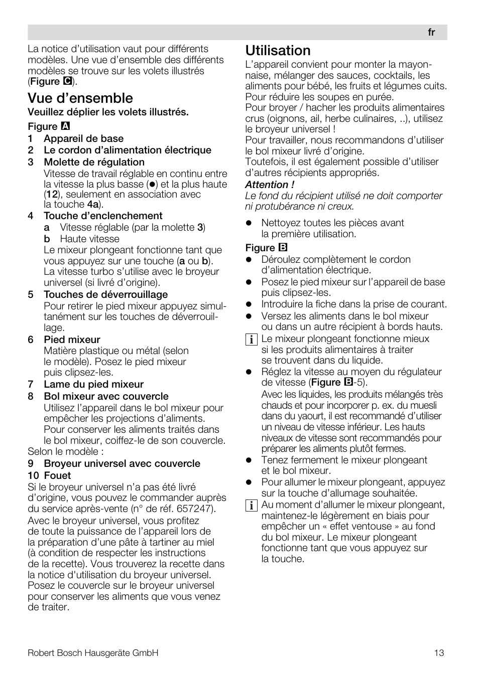 Vue d’ensemble, Utilisation | Bosch MSM67160 Mixeur plongeant noir gris User Manual | Page 13 / 98