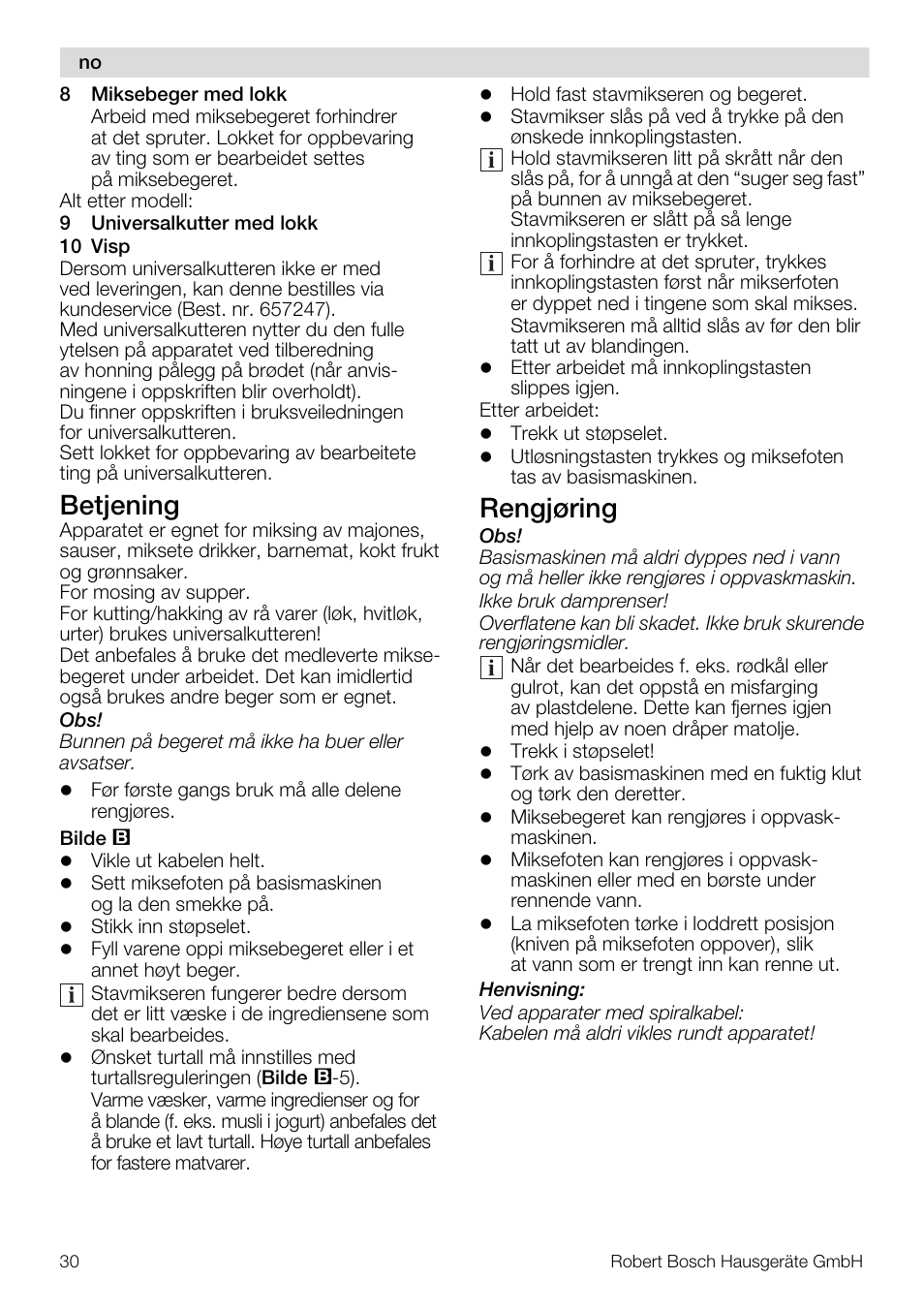 Betjening, Rengjøring | Bosch MSM67160 Mixeur plongeant noir gris User Manual | Page 30 / 98