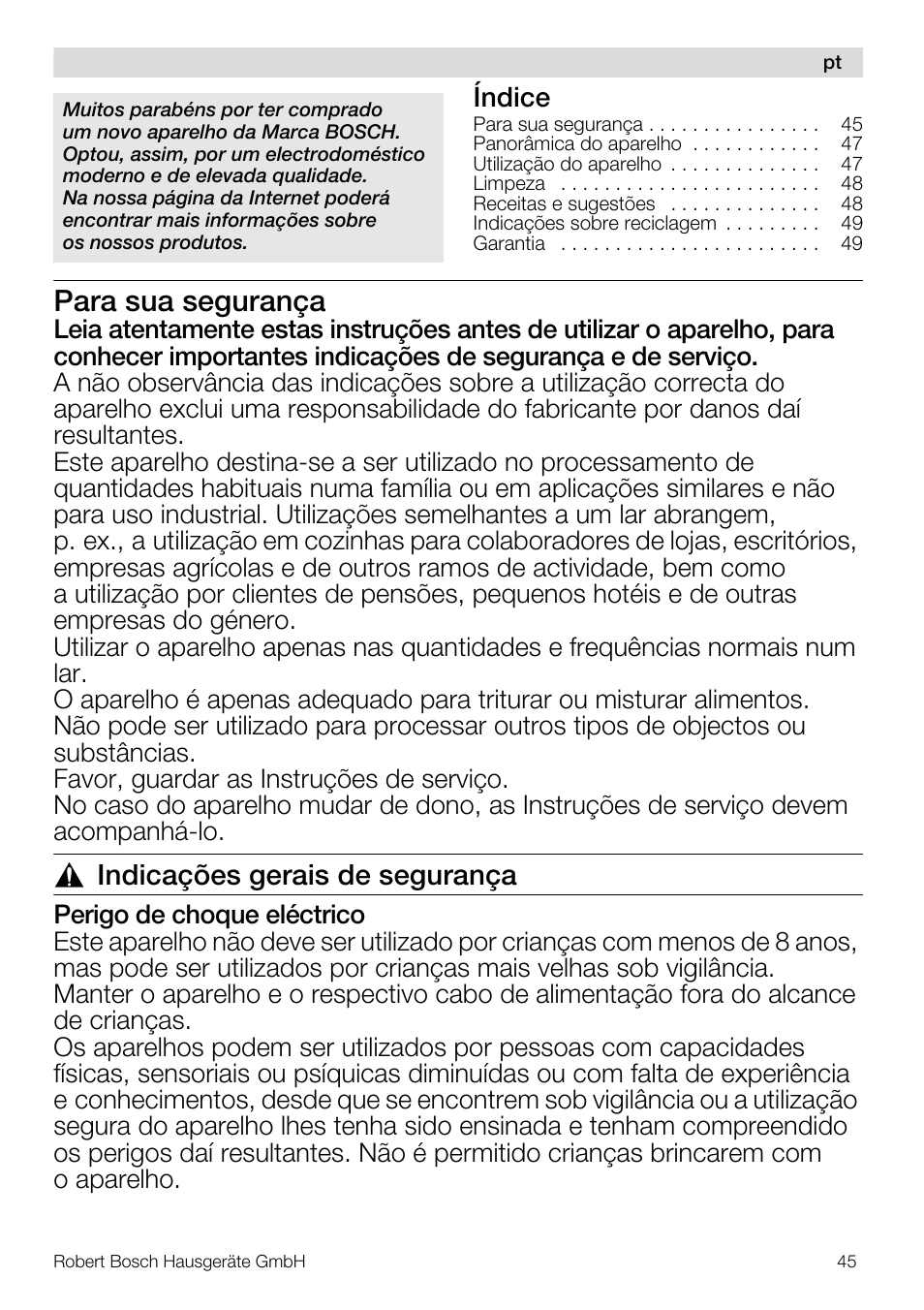 Para sua segurança, Indicações gerais de segurança, Índice | Bosch MSM67160 Mixeur plongeant noir gris User Manual | Page 45 / 98
