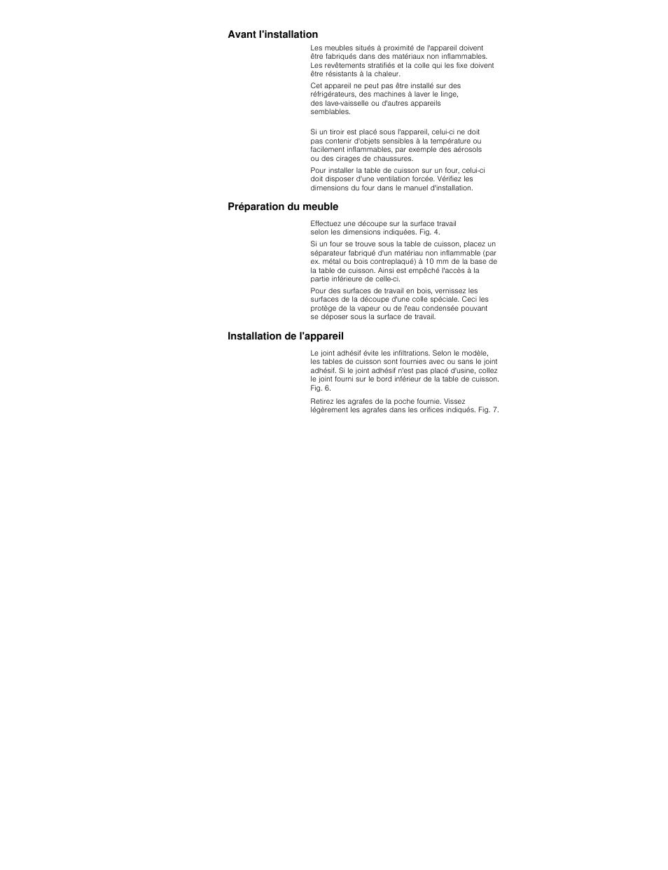 Avant l'installation, Préparation du meuble, Installation de l'appareil | Bosch NCT615C01 Table électrique 60cm User Manual | Page 36 / 48