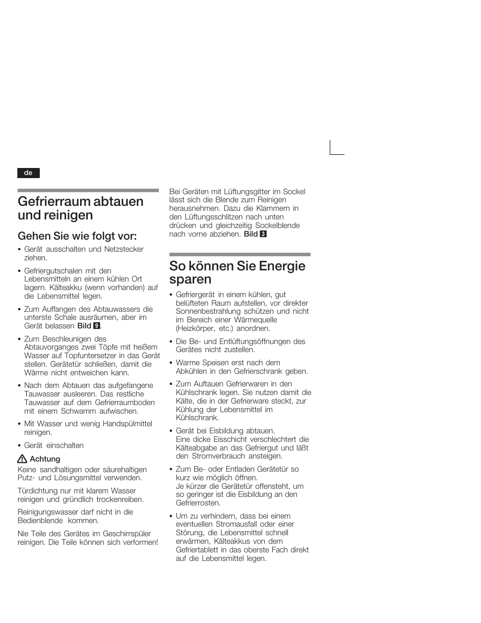 Gefrierraum abtauen und reinigen, So können sie energie sparen, Gehen sie wie folgt vor | Bosch GUD15A50 Congélateur intégrable Premium Fixation de porte à pantographe User Manual | Page 12 / 65