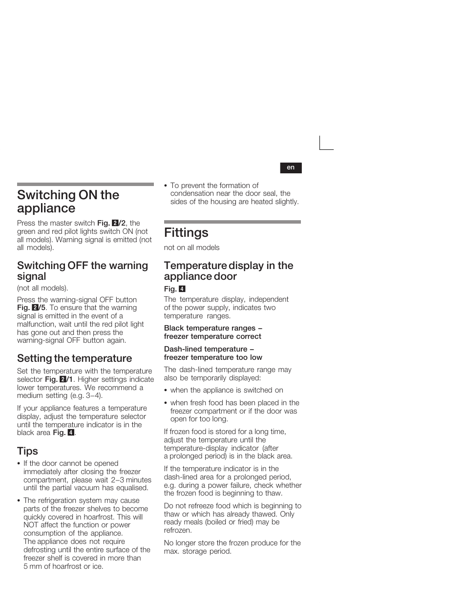 Switching on the appliance, Fittings, Switching off the warning signal | Setting the temperature, Tips, Temperature display in the appliance door | Bosch GUD15A50 Congélateur intégrable Premium Fixation de porte à pantographe User Manual | Page 19 / 65