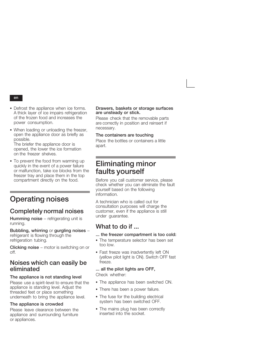 Operating noises, Eliminating minor faults yourself, Completely normal noises | Noises which can easily be eliminated, What to do if | Bosch GUD15A50 Congélateur intégrable Premium Fixation de porte à pantographe User Manual | Page 24 / 65