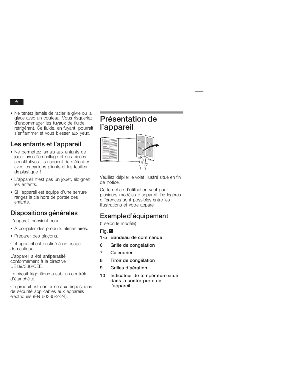 Présentation de l'appareil, Les enfants et l'appareil, Dispositions générales | Exemple d'équipement | Bosch GUD15A50 Congélateur intégrable Premium Fixation de porte à pantographe User Manual | Page 28 / 65