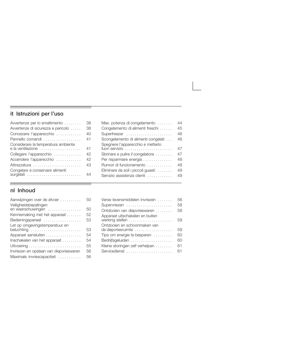 Itąistruzioni per l'uso, Nląinhoud | Bosch GUD15A50 Congélateur intégrable Premium Fixation de porte à pantographe User Manual | Page 3 / 65