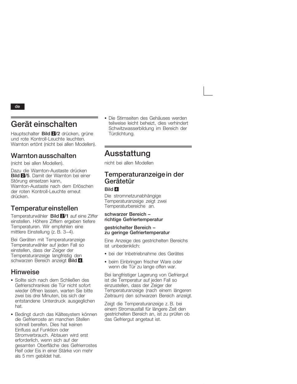 Gerät einschalten, Ausstattung, Warnton ausschalten | Temperatur einstellen, Hinweise, Temperaturanzeige in der gerätetür | Bosch GUD15A50 Congélateur intégrable Premium Fixation de porte à pantographe User Manual | Page 8 / 65