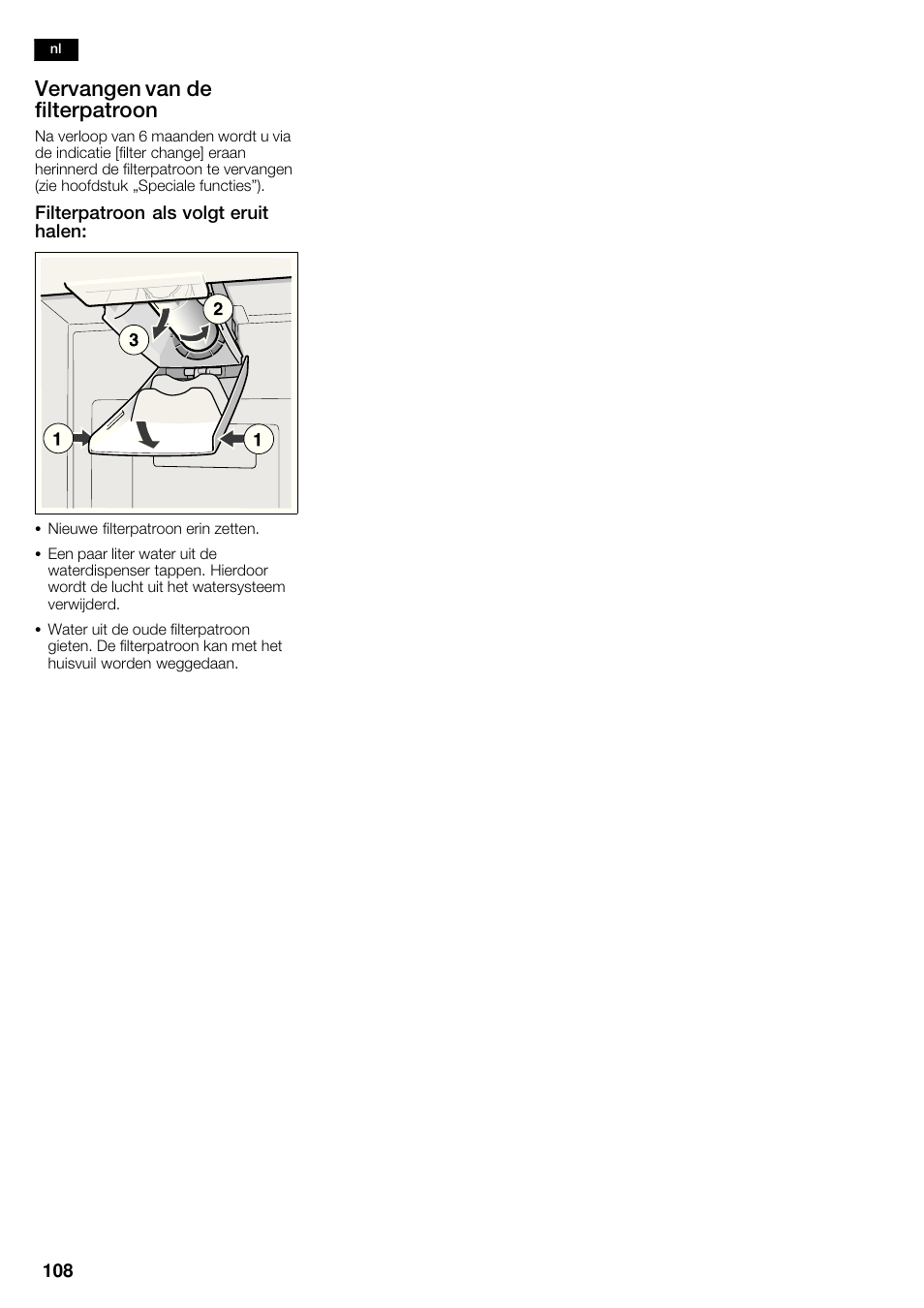 Vervangen van de filterpatroon | Bosch KAD62S51 Réfrigérateur-congélateur américain Premium User Manual | Page 108 / 114