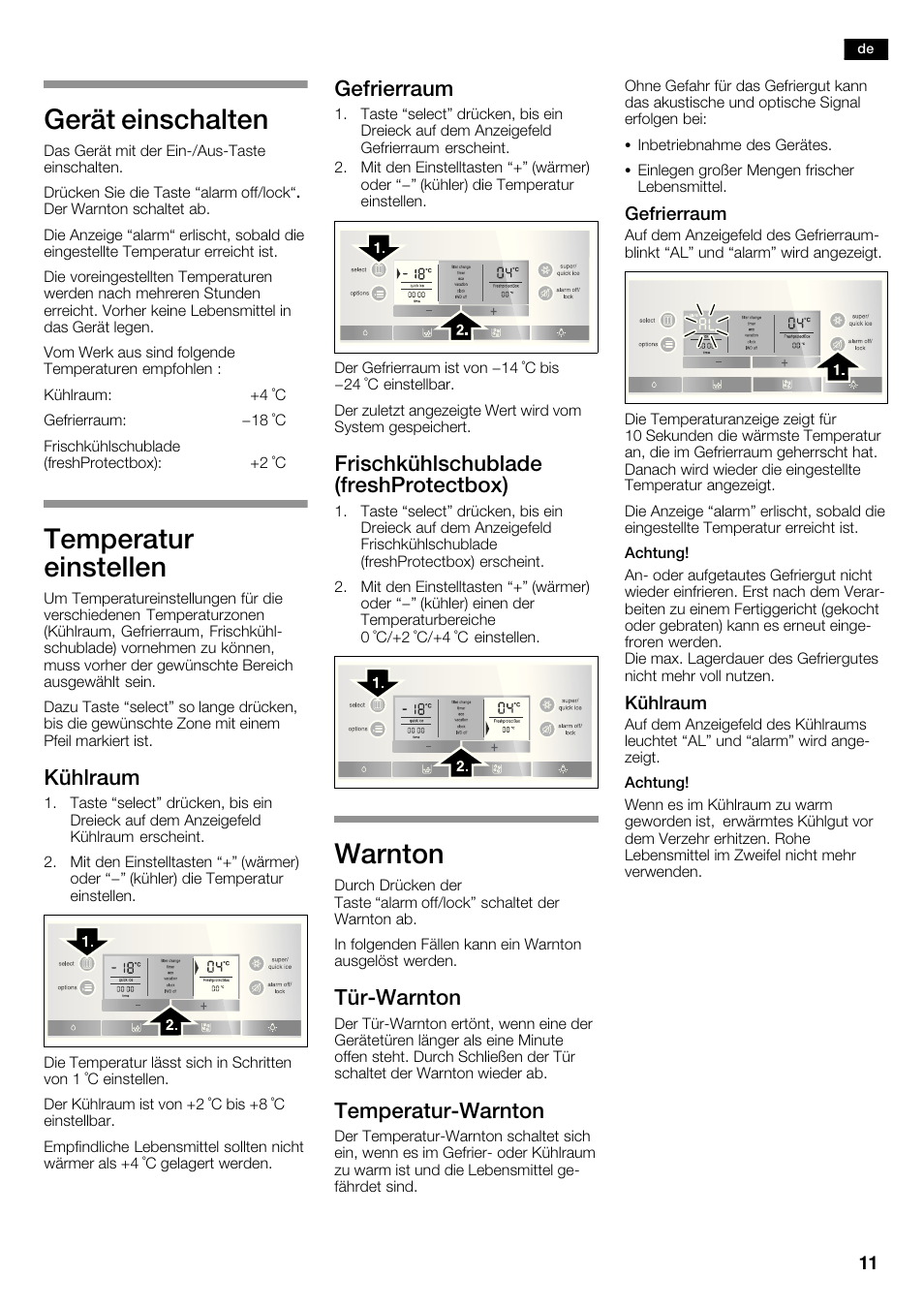 Gerät einschalten, Temperatur einstellen, Warnton | Kühlraum, Gefrierraum, Frischkühlschublade (freshprotectbox), Türćwarnton, Temperaturćwarnton | Bosch KAD62S51 Réfrigérateur-congélateur américain Premium User Manual | Page 11 / 114