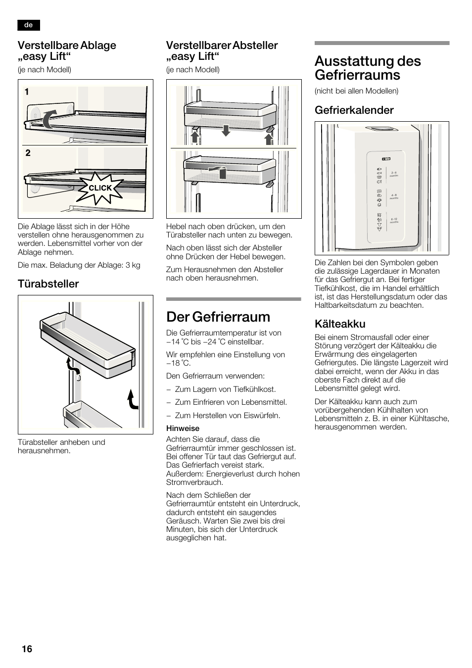 Der gefrierraum, Ausstattung des gefrierraums, Verstellbare ablage ęeasy lift | Türabsteller, Verstellbarer absteller ęeasy lift, Gefrierkalender, Kälteakku | Bosch KAD62S51 Réfrigérateur-congélateur américain Premium User Manual | Page 16 / 114