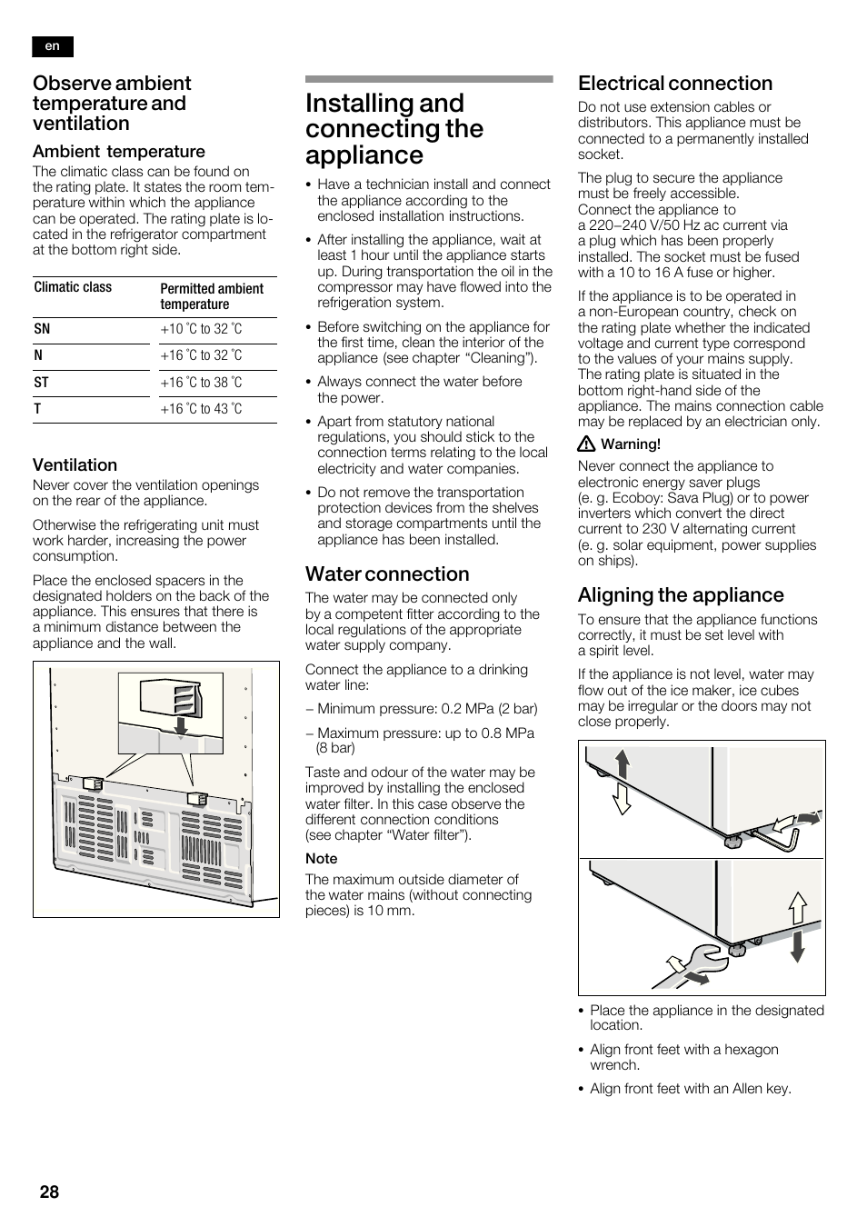 Installing and connecting the appliance, Observe ambient temperature and ventilation, Water connection | Electrical connection, Aligning the appliance | Bosch KAD62S51 Réfrigérateur-congélateur américain Premium User Manual | Page 28 / 114