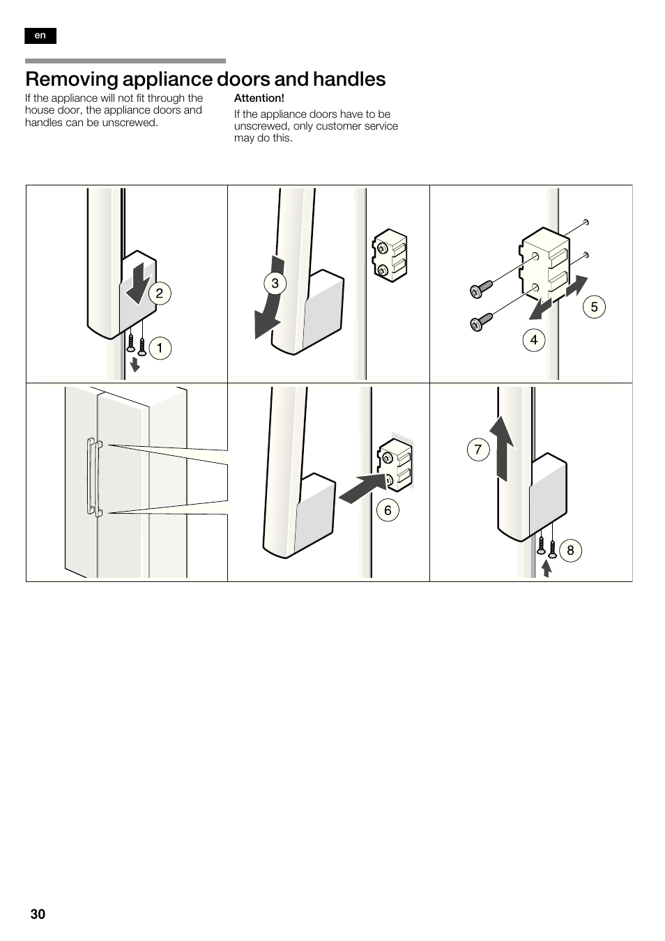 Removing appliance doors and handles | Bosch KAD62S51 Réfrigérateur-congélateur américain Premium User Manual | Page 30 / 114