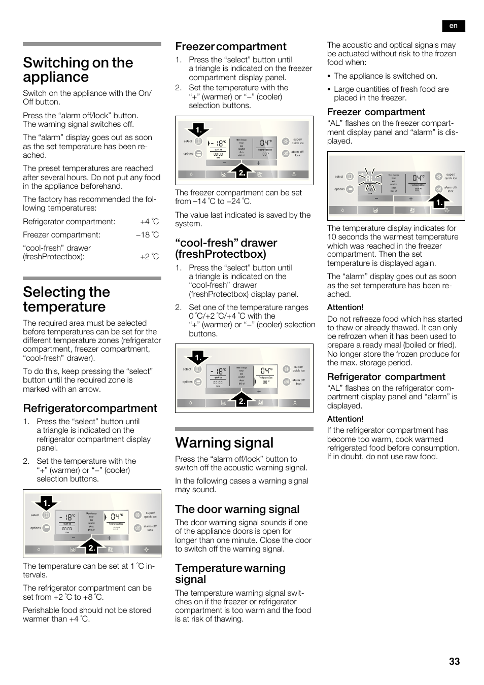 Switching on the appliance, Selecting the temperature, Warning signal | Refrigerator compartment, Freezer compartment, Coolćfresh" drawer (freshprotectbox), The door warning signal, Temperature warning signal | Bosch KAD62S51 Réfrigérateur-congélateur américain Premium User Manual | Page 33 / 114