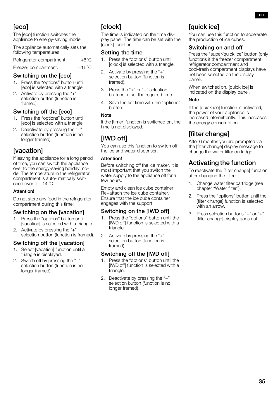 Vacation, Clock, Iwd off | Quick ice, Filter change, Activating the function | Bosch KAD62S51 Réfrigérateur-congélateur américain Premium User Manual | Page 35 / 114