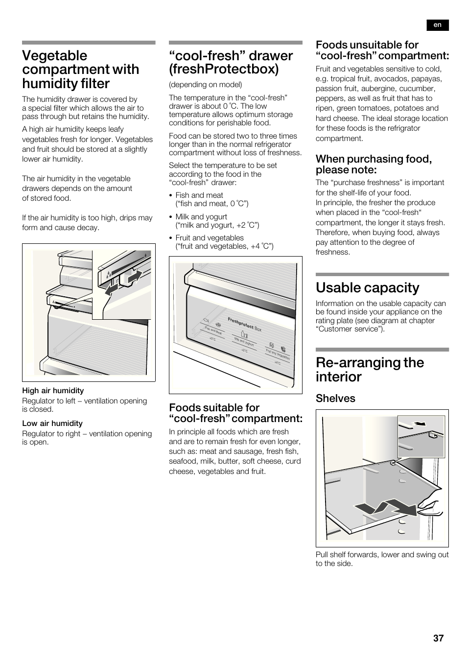 Vegetable compartment with humidity filter, Coolćfresh" drawer (freshprotectbox), Usable capacity | Rećarranging the interior, Foods suitable for coolćfresh" compartment, Foods unsuitable for coolćfresh" compartment, Shelves | Bosch KAD62S51 Réfrigérateur-congélateur américain Premium User Manual | Page 37 / 114