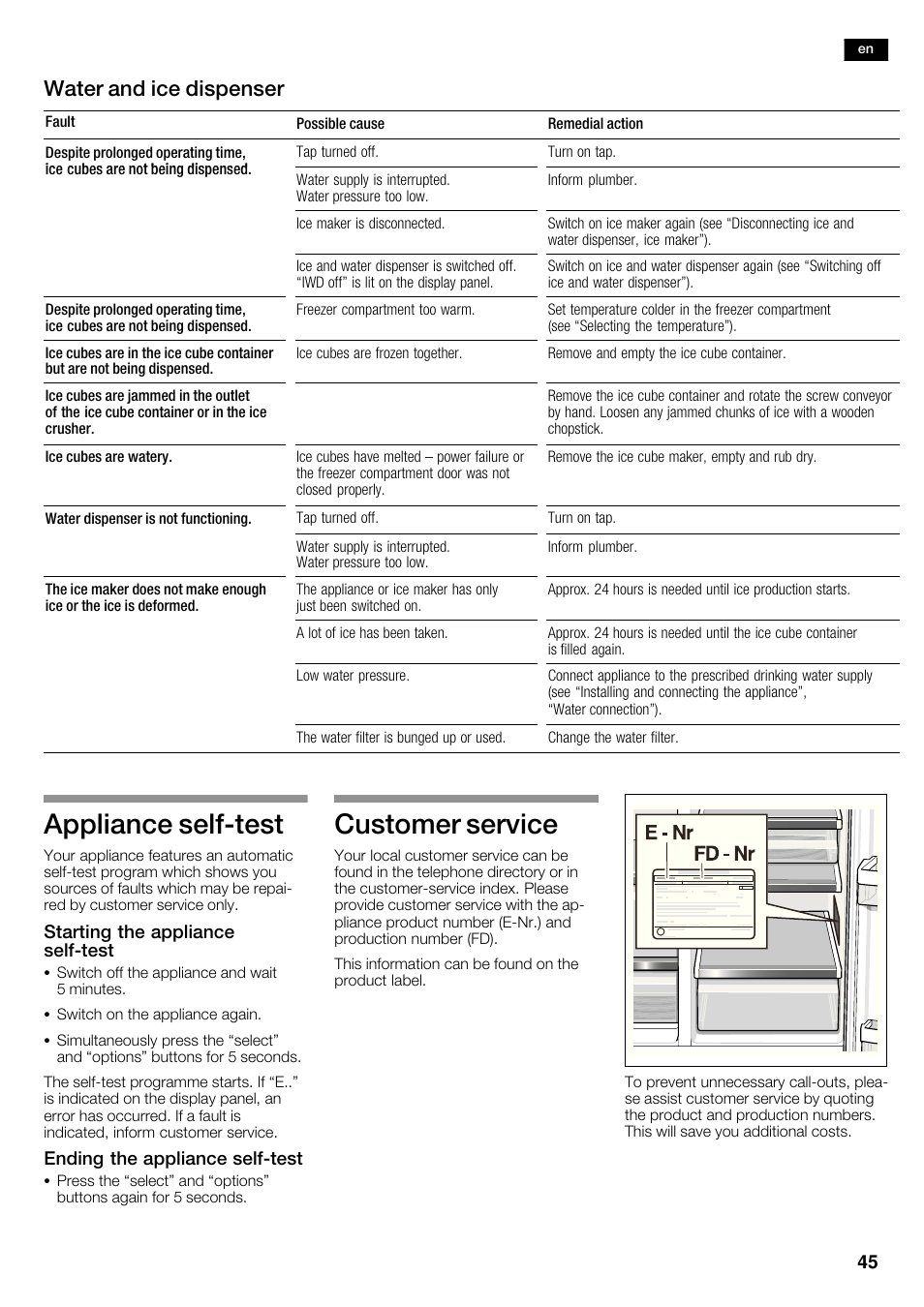 Appliance selfćtest, Customer service, Water and ice dispenser | Bosch KAD62S51 Réfrigérateur-congélateur américain Premium User Manual | Page 45 / 114