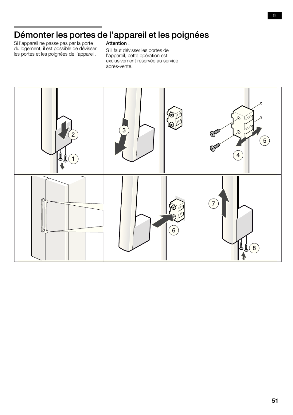Démonter les portes de l'appareil et les poignées | Bosch KAD62S51 Réfrigérateur-congélateur américain Premium User Manual | Page 51 / 114